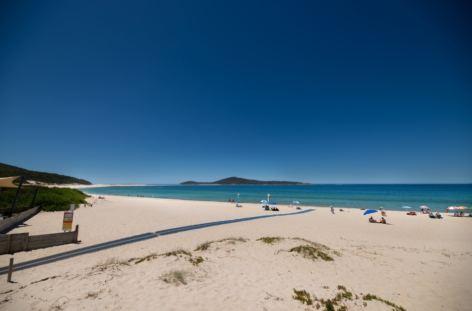Accessible Mobi Mat Access to Fingal Beach across road from Seaside Holiday Resort Fingal Bay Port Stephens NSW